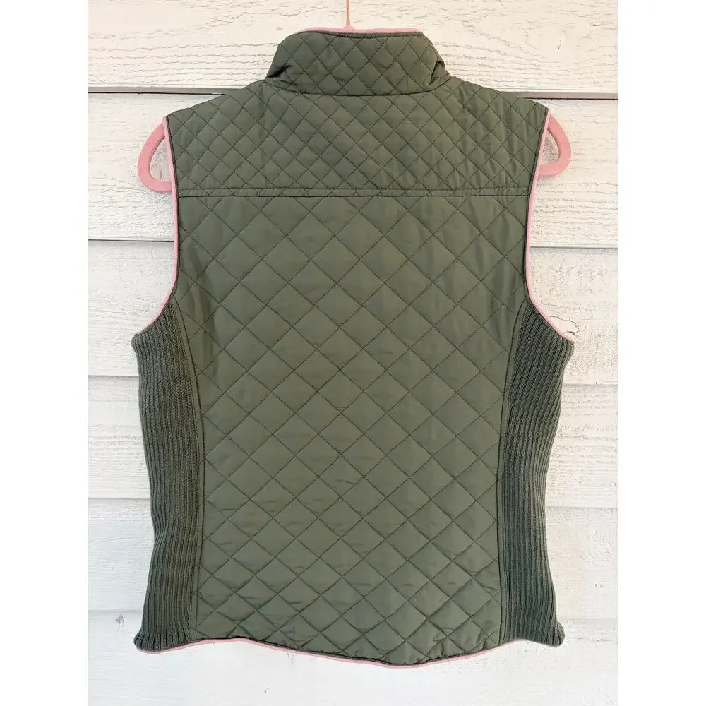 Miami Olive Green Quilted Puffer Vest Pink Trim Zip Front Women’s Medium - Picture 7 of 7